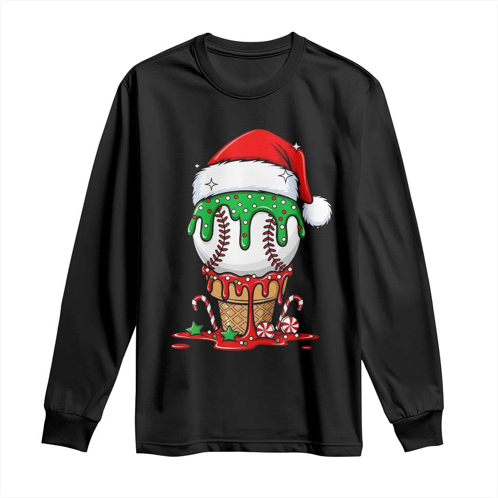 Cute Baseball Christmas Icecream Dripping Long Sleeve Shirt Holiday Ice Cream Cone with Santa Hat - Wonder Print Shop