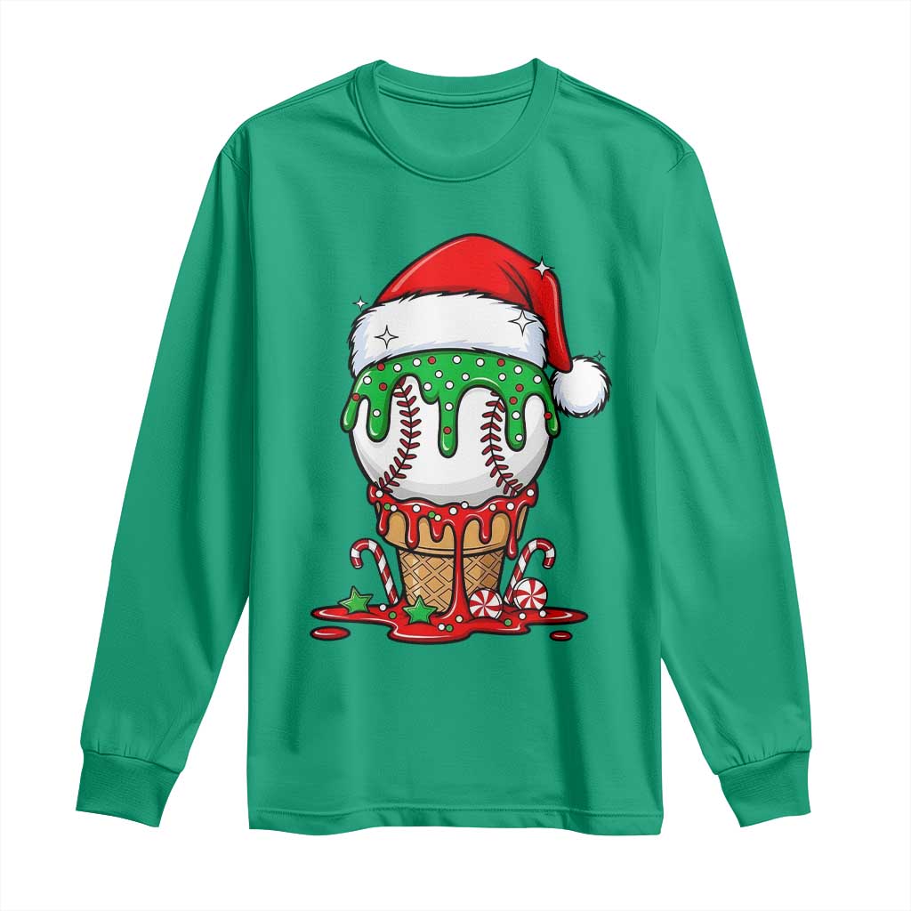 Cute Baseball Christmas Icecream Dripping Long Sleeve Shirt Holiday Ice Cream Cone with Santa Hat - Wonder Print Shop