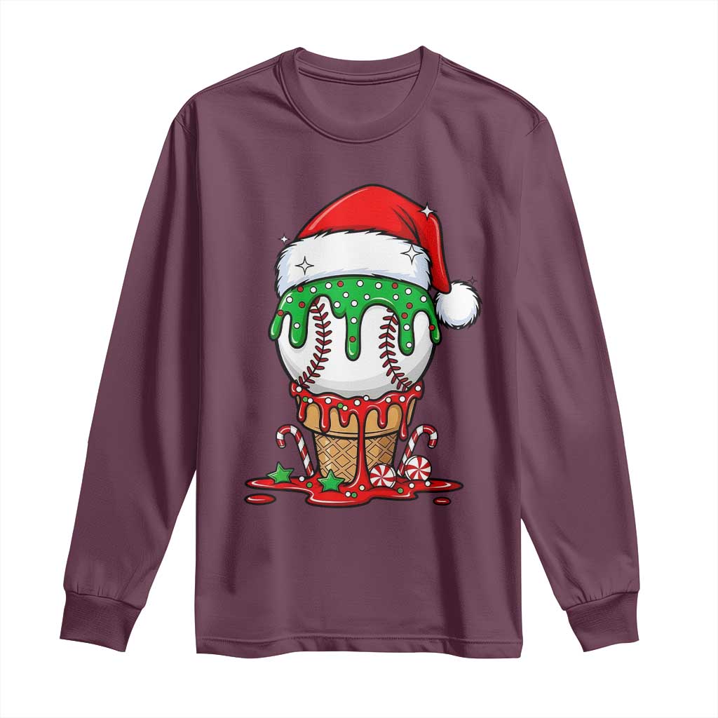 Cute Baseball Christmas Icecream Dripping Long Sleeve Shirt Holiday Ice Cream Cone with Santa Hat - Wonder Print Shop