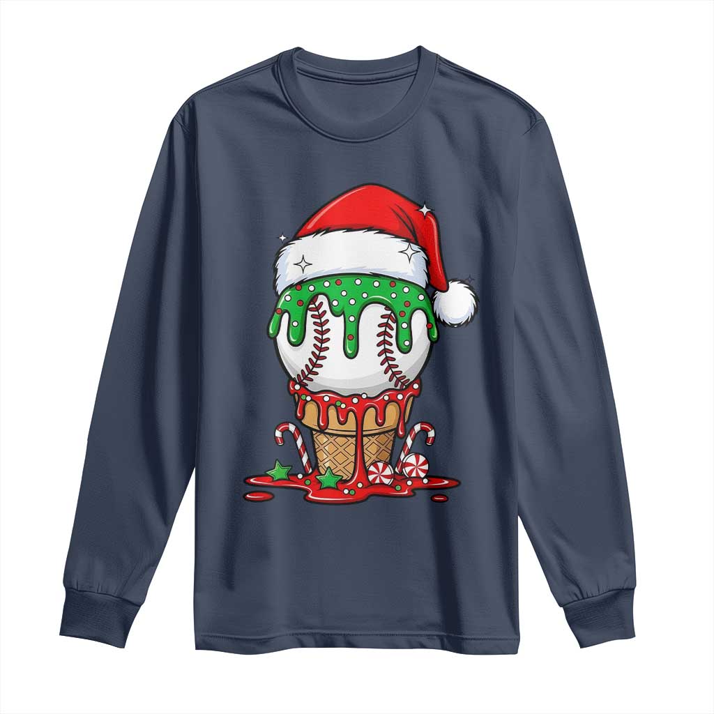 Cute Baseball Christmas Icecream Dripping Long Sleeve Shirt Holiday Ice Cream Cone with Santa Hat - Wonder Print Shop