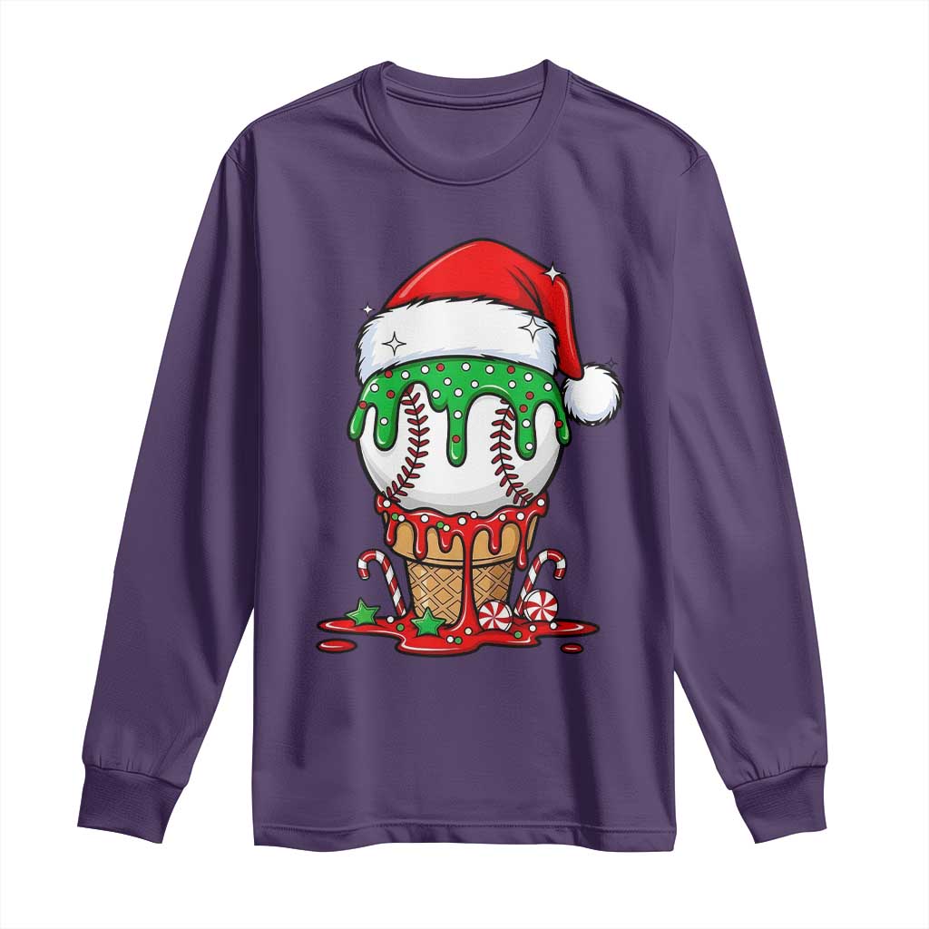 Cute Baseball Christmas Icecream Dripping Long Sleeve Shirt Holiday Ice Cream Cone with Santa Hat - Wonder Print Shop
