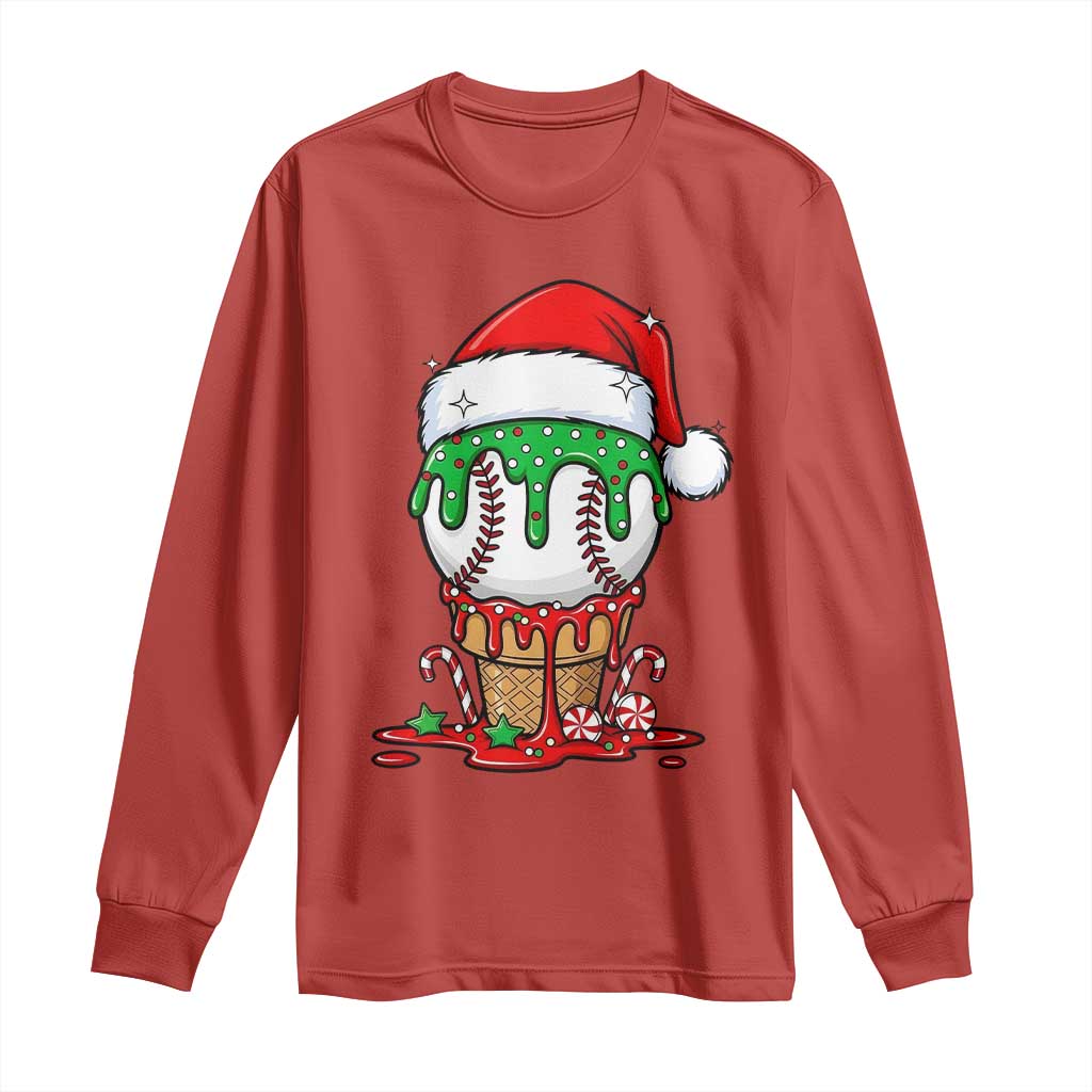 Cute Baseball Christmas Icecream Dripping Long Sleeve Shirt Holiday Ice Cream Cone with Santa Hat - Wonder Print Shop