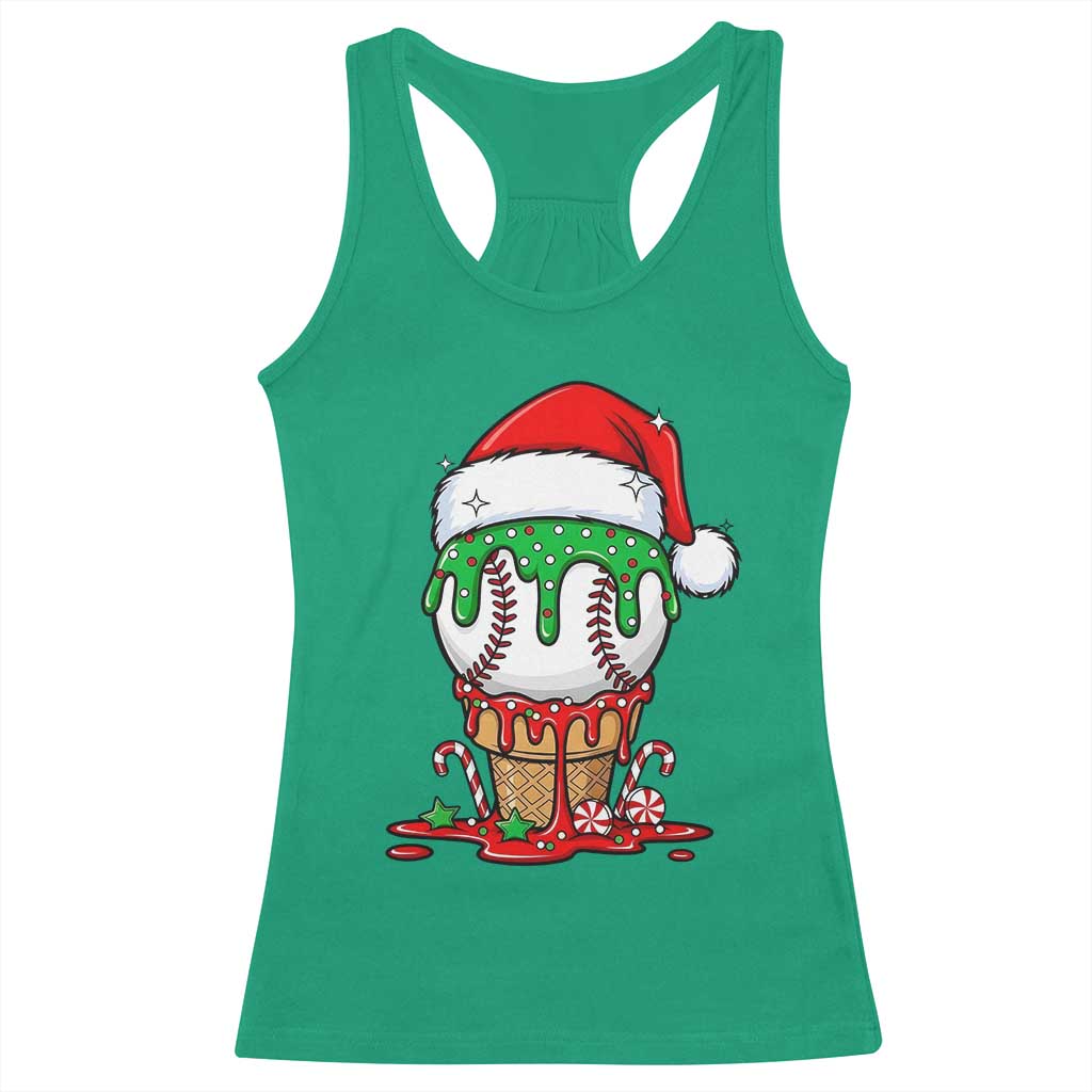 Cute Baseball Christmas Icecream Dripping Racerback Tank Top Holiday Ice Cream Cone with Santa Hat - Wonder Print Shop