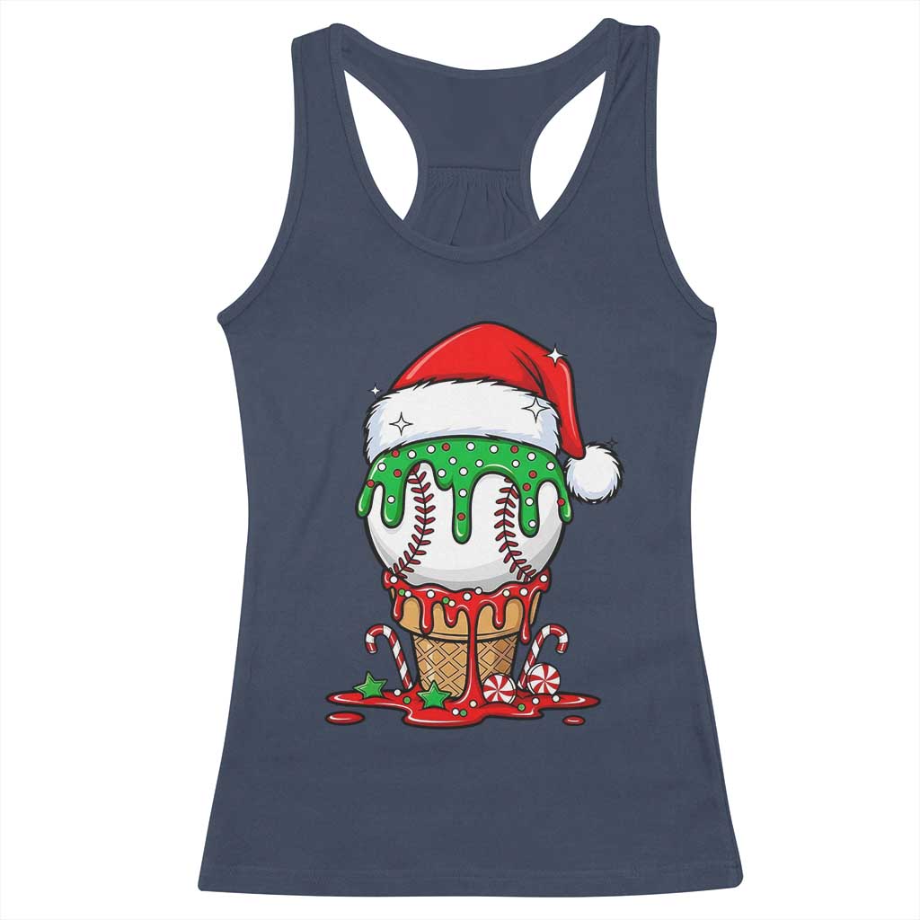Cute Baseball Christmas Icecream Dripping Racerback Tank Top Holiday Ice Cream Cone with Santa Hat - Wonder Print Shop