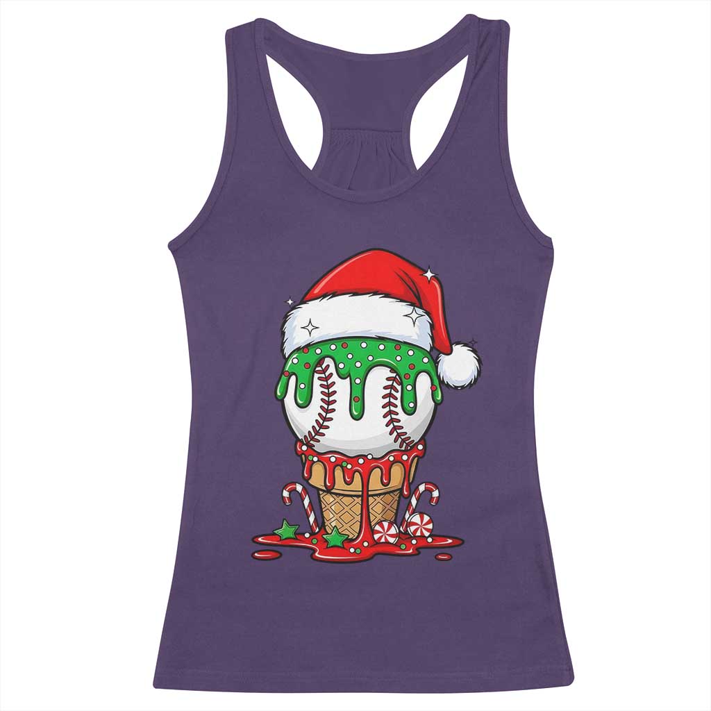 Cute Baseball Christmas Icecream Dripping Racerback Tank Top Holiday Ice Cream Cone with Santa Hat - Wonder Print Shop