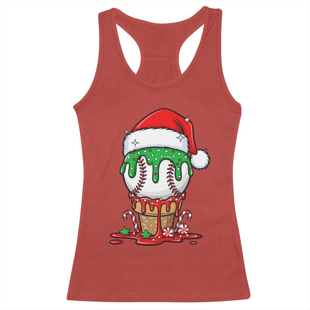 Cute Baseball Christmas Icecream Dripping Racerback Tank Top Holiday Ice Cream Cone with Santa Hat - Wonder Print Shop