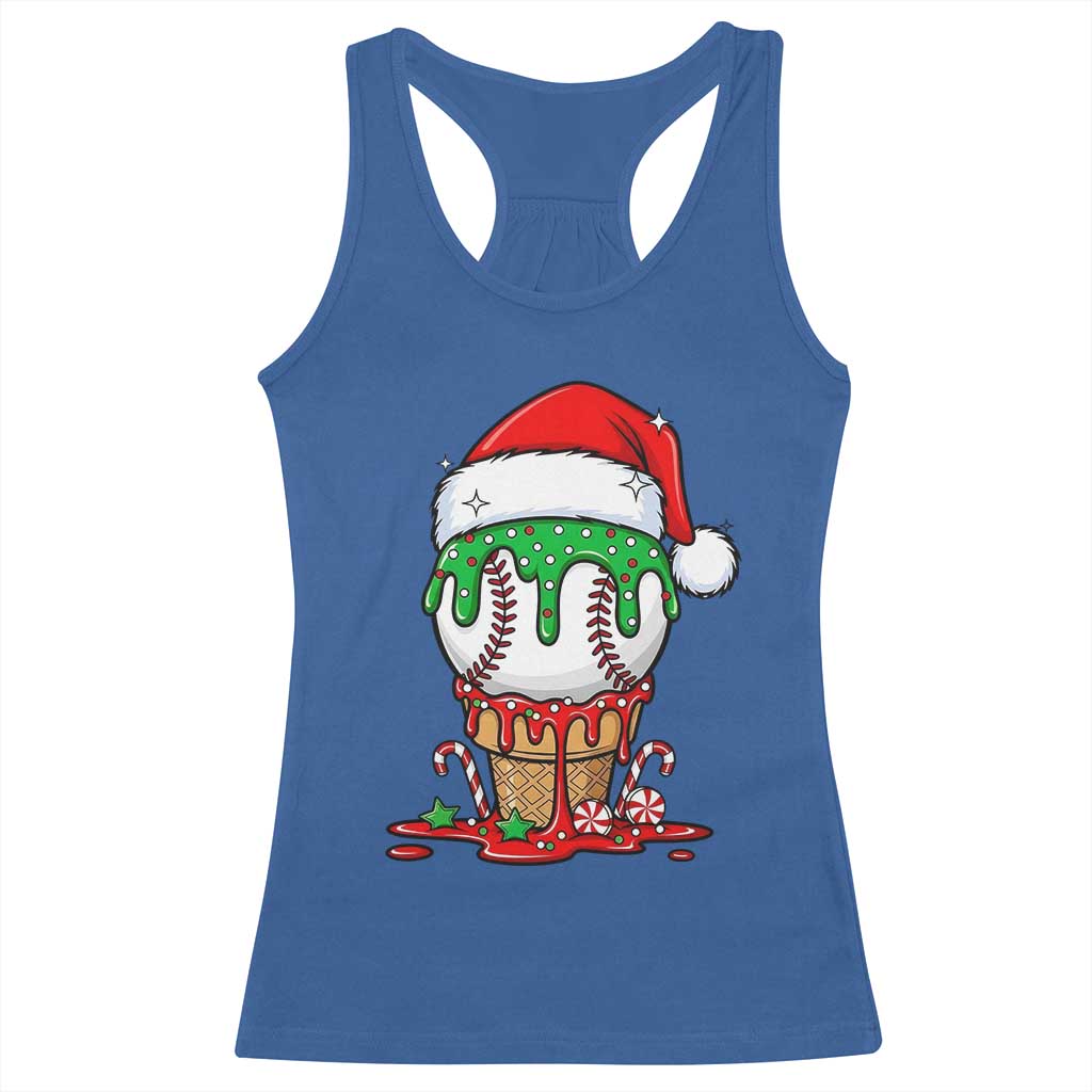 Cute Baseball Christmas Icecream Dripping Racerback Tank Top Holiday Ice Cream Cone with Santa Hat - Wonder Print Shop