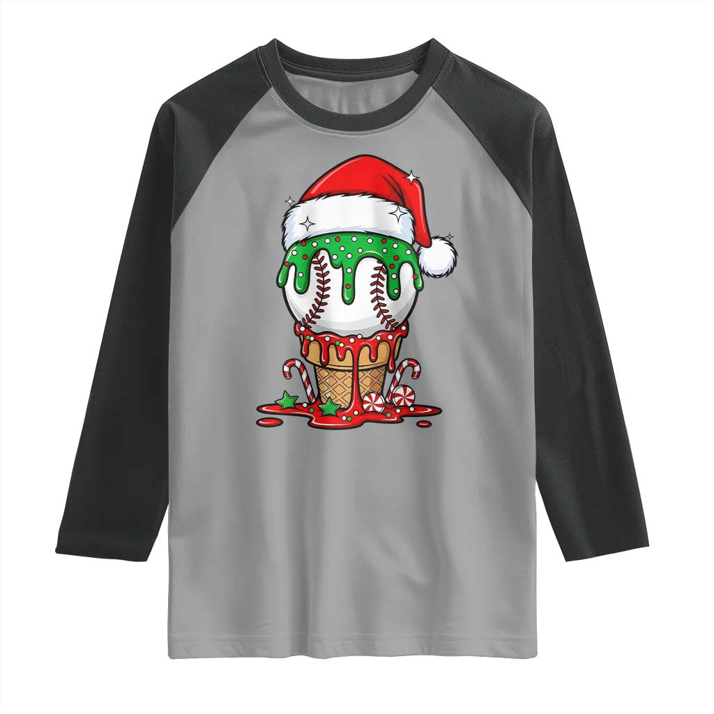 Cute Baseball Christmas Icecream Dripping Raglan Shirt Holiday Ice Cream Cone with Santa Hat - Wonder Print Shop