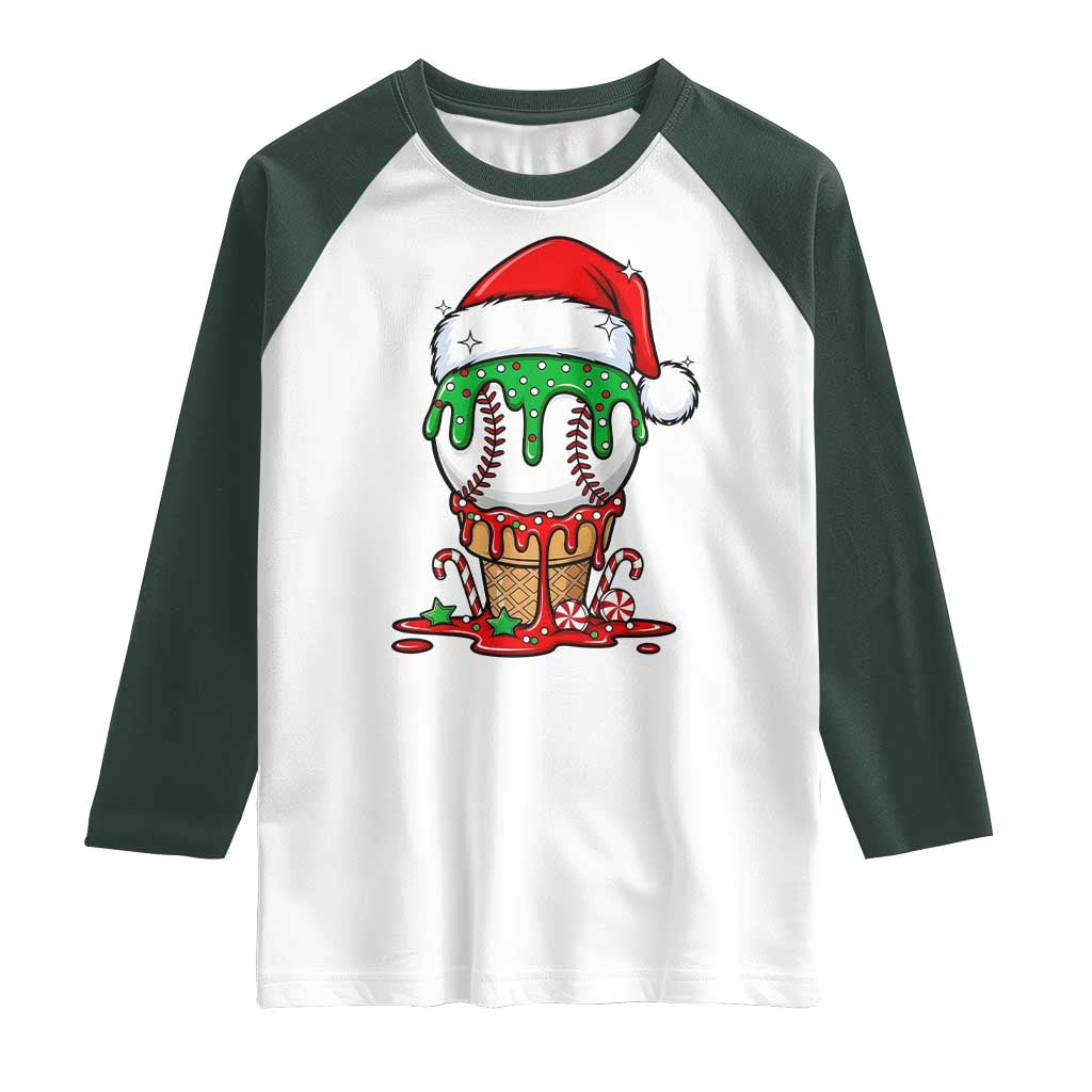 Cute Baseball Christmas Icecream Dripping Raglan Shirt Holiday Ice Cream Cone with Santa Hat - Wonder Print Shop