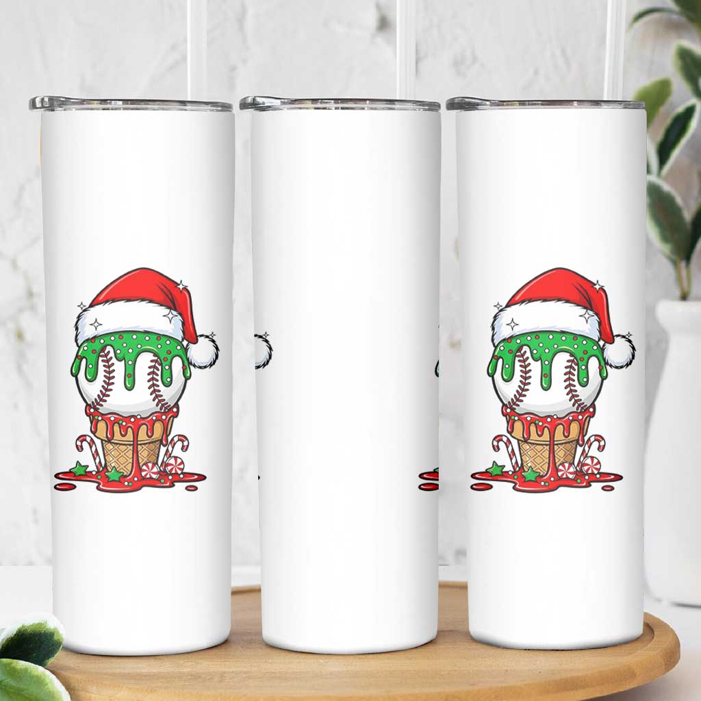 Cute Baseball Christmas Icecream Dripping Skinny Tumbler Holiday Ice Cream Cone with Santa Hat - Wonder Print Shop