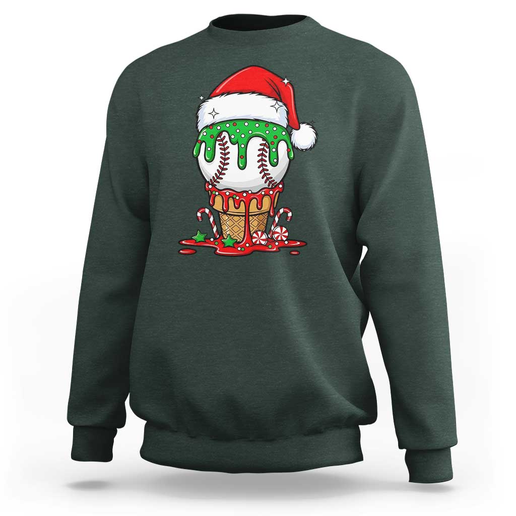 Cute Baseball Christmas Icecream Dripping Sweatshirt Holiday Ice Cream Cone with Santa Hat - Wonder Print Shop