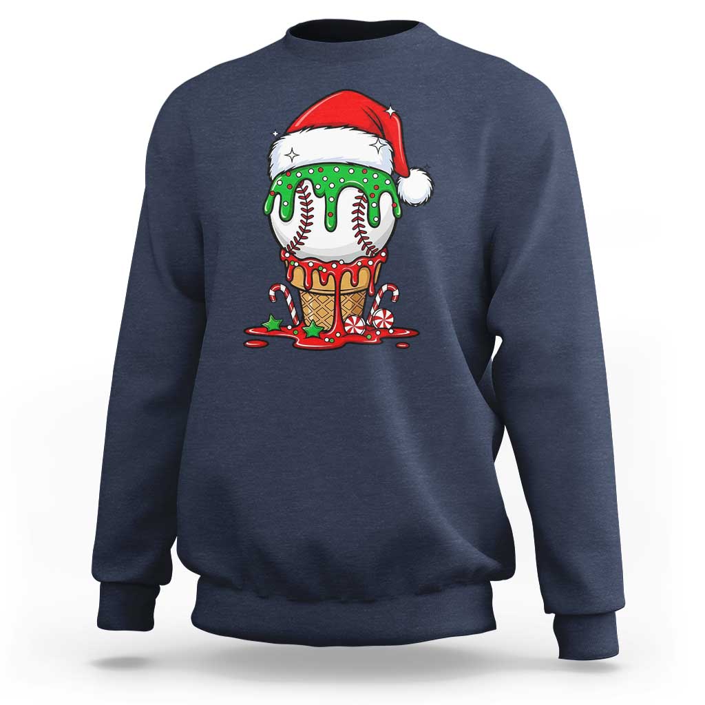 Cute Baseball Christmas Icecream Dripping Sweatshirt Holiday Ice Cream Cone with Santa Hat - Wonder Print Shop