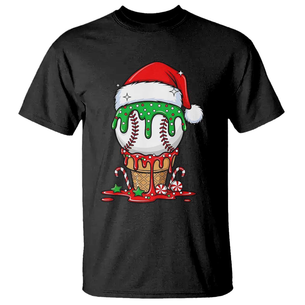 Cute Baseball Christmas Icecream Dripping T Shirt Holiday Ice Cream Cone with Santa Hat - Wonder Print Shop
