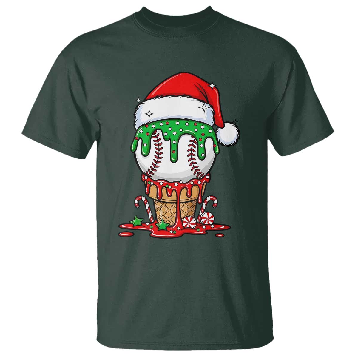 Cute Baseball Christmas Icecream Dripping T Shirt Holiday Ice Cream Cone with Santa Hat - Wonder Print Shop