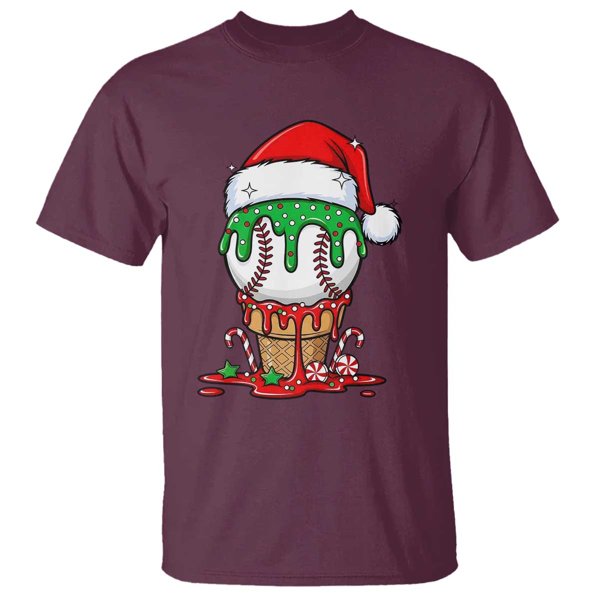 Cute Baseball Christmas Icecream Dripping T Shirt Holiday Ice Cream Cone with Santa Hat - Wonder Print Shop