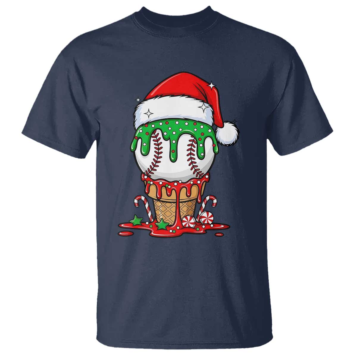 Cute Baseball Christmas Icecream Dripping T Shirt Holiday Ice Cream Cone with Santa Hat - Wonder Print Shop