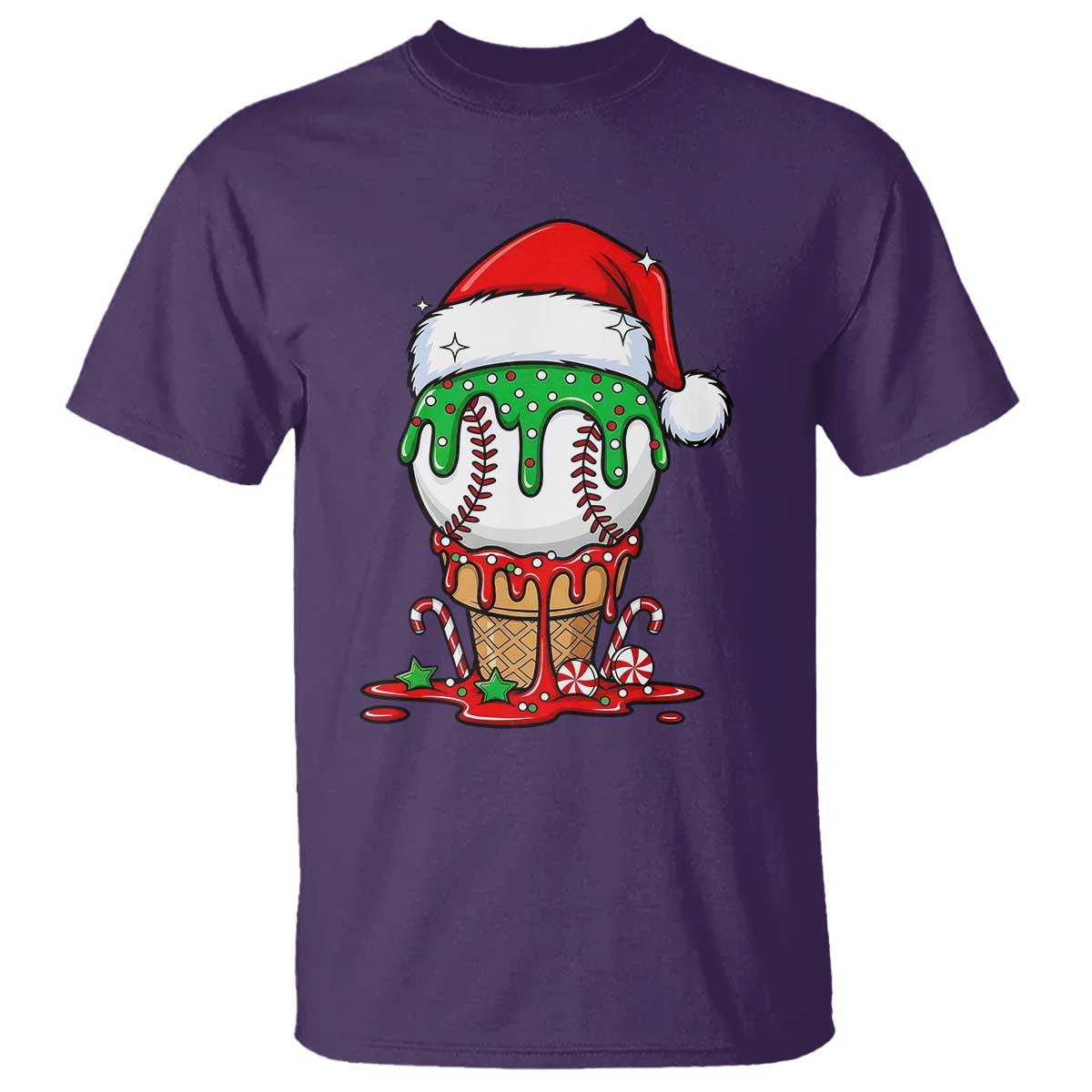Cute Baseball Christmas Icecream Dripping T Shirt Holiday Ice Cream Cone with Santa Hat - Wonder Print Shop