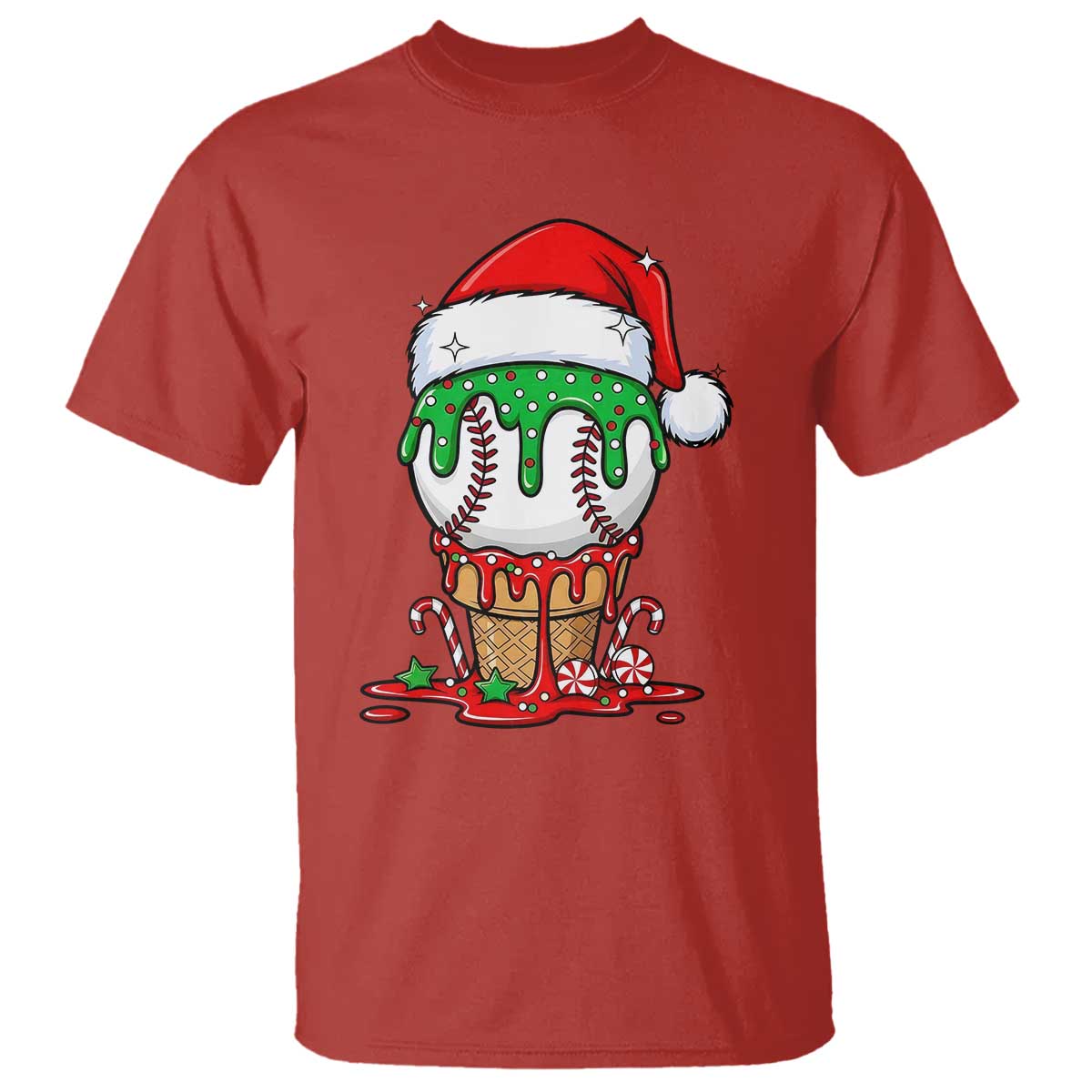 Cute Baseball Christmas Icecream Dripping T Shirt Holiday Ice Cream Cone with Santa Hat - Wonder Print Shop