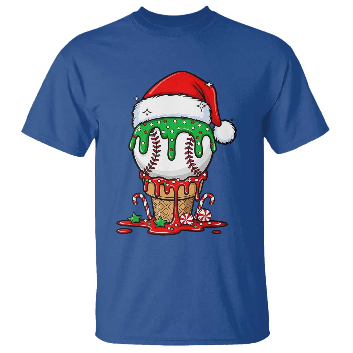 Cute Baseball Christmas Icecream Dripping T Shirt Holiday Ice Cream Cone with Santa Hat - Wonder Print Shop