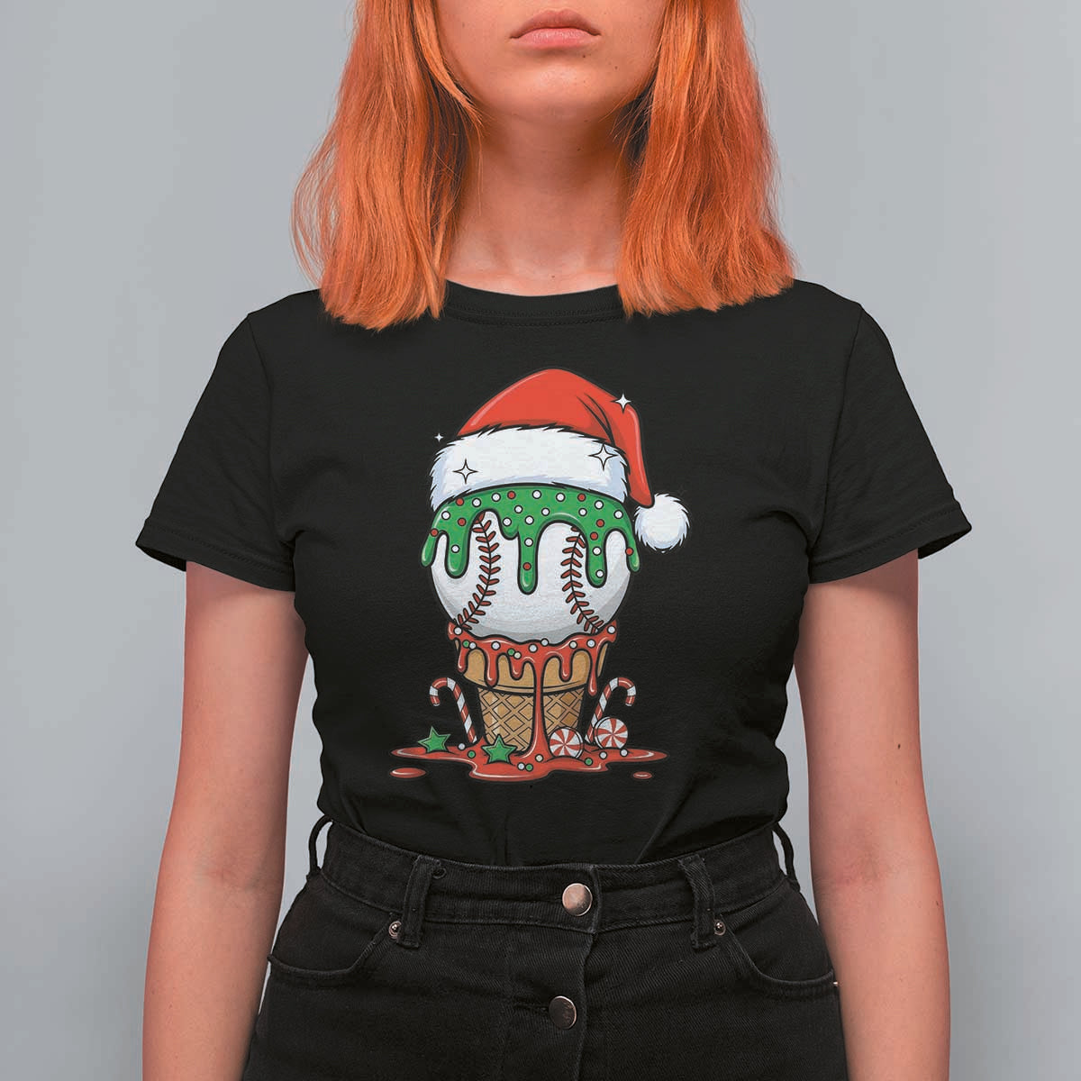 Cute Baseball Christmas Icecream Dripping T Shirt For Women Holiday Ice Cream Cone with Santa Hat - Wonder Print Shop