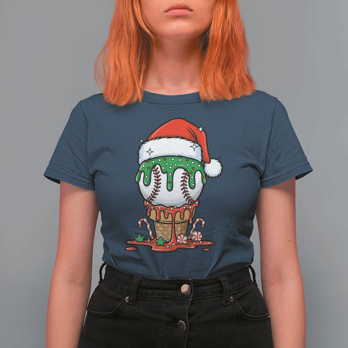 Cute Baseball Christmas Icecream Dripping T Shirt For Women Holiday Ice Cream Cone with Santa Hat - Wonder Print Shop