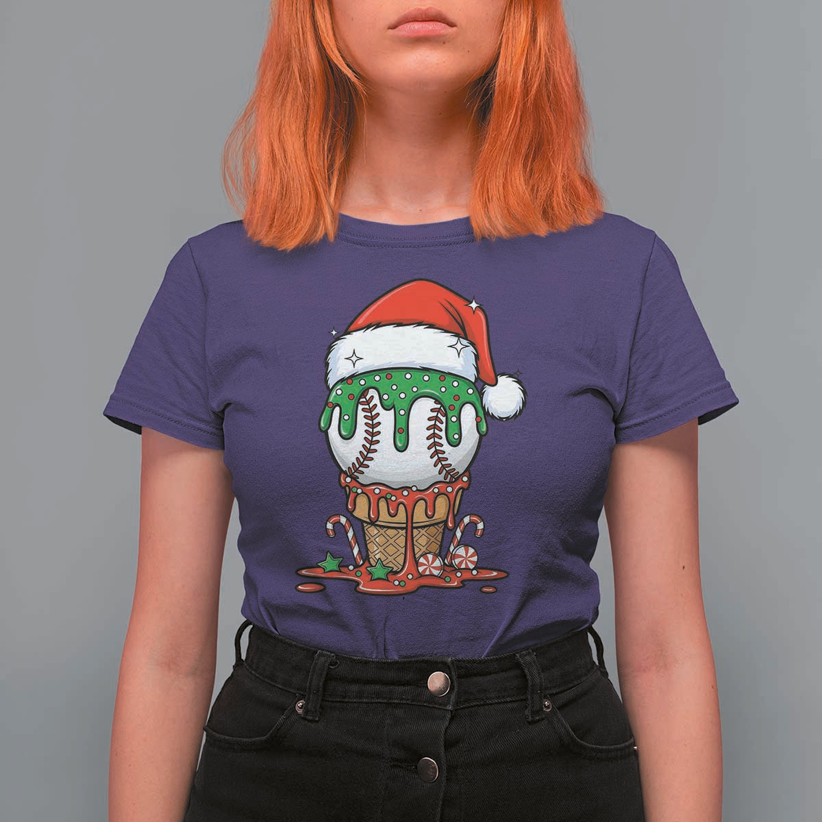 Cute Baseball Christmas Icecream Dripping T Shirt For Women Holiday Ice Cream Cone with Santa Hat - Wonder Print Shop
