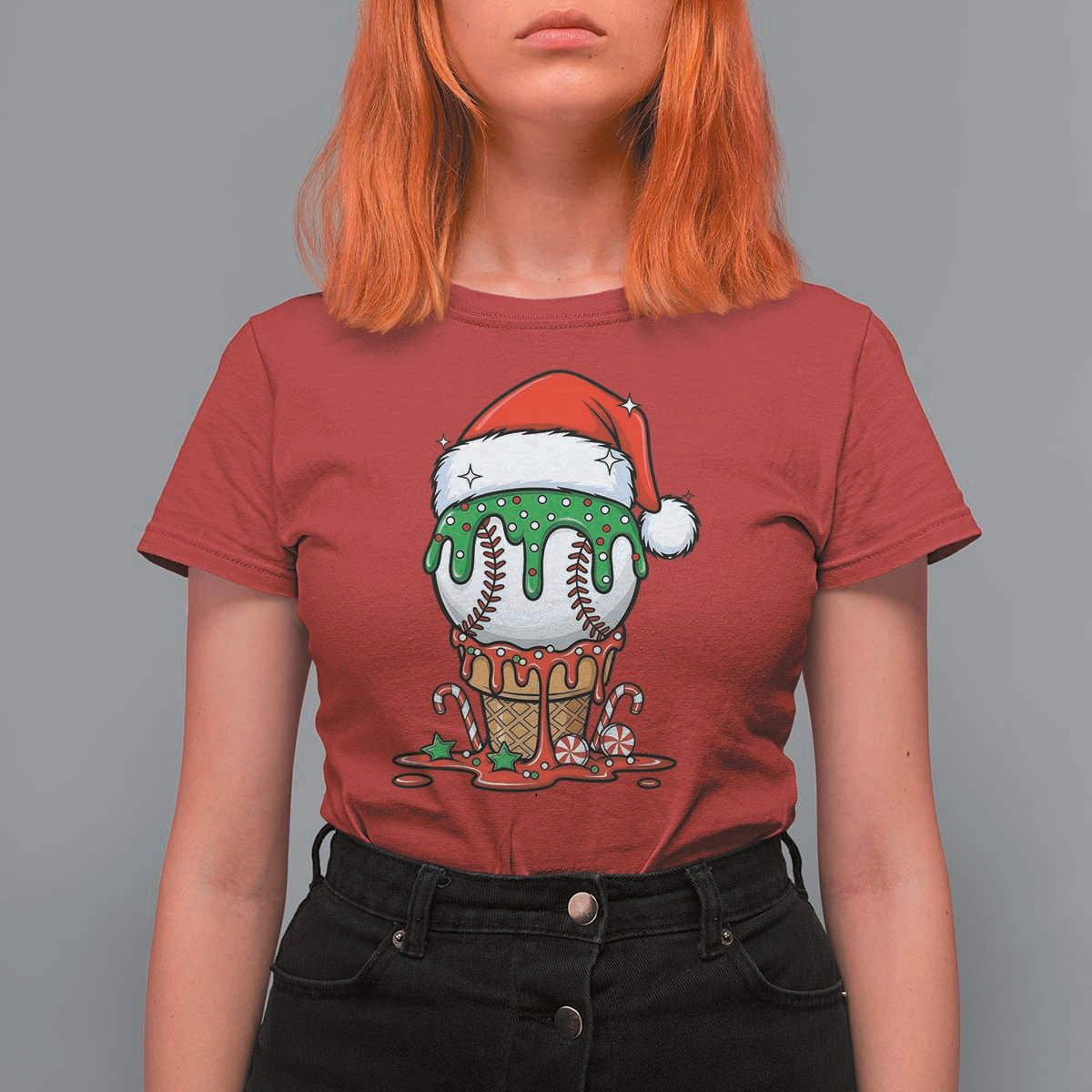 Cute Baseball Christmas Icecream Dripping T Shirt For Women Holiday Ice Cream Cone with Santa Hat - Wonder Print Shop