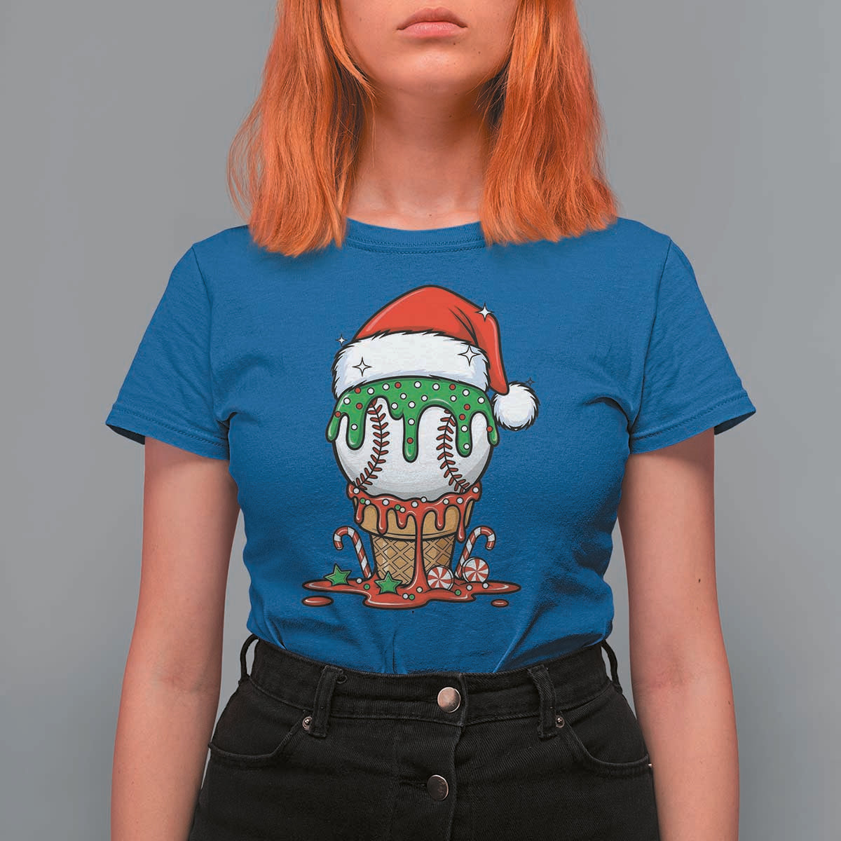 Cute Baseball Christmas Icecream Dripping T Shirt For Women Holiday Ice Cream Cone with Santa Hat - Wonder Print Shop