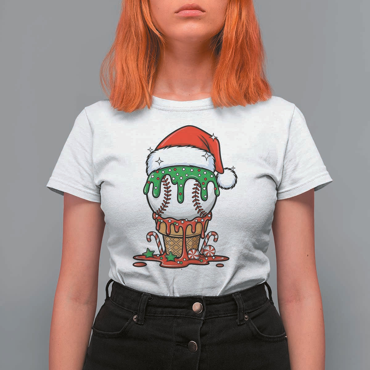 Cute Baseball Christmas Icecream Dripping T Shirt For Women Holiday Ice Cream Cone with Santa Hat - Wonder Print Shop