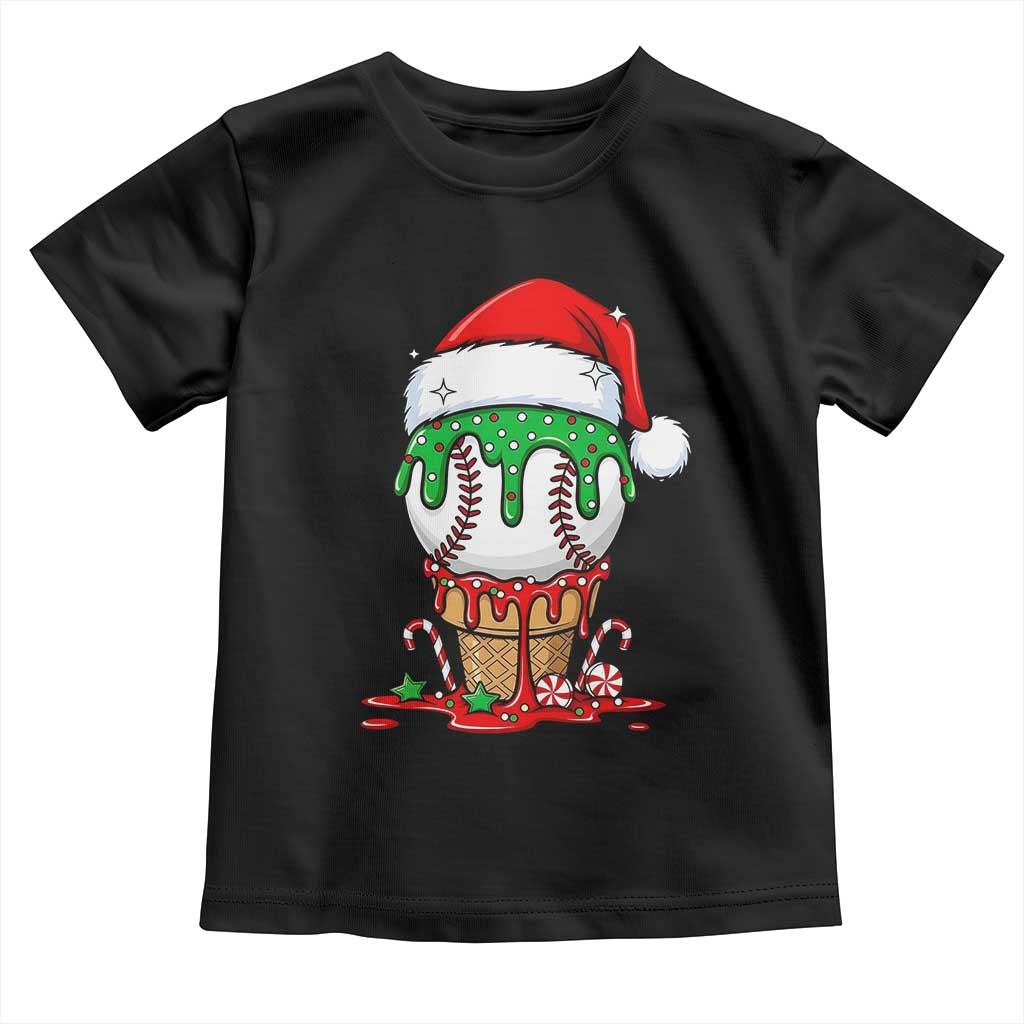 Cute Baseball Christmas Icecream Dripping Toddler T Shirt Holiday Ice Cream Cone with Santa Hat - Wonder Print Shop