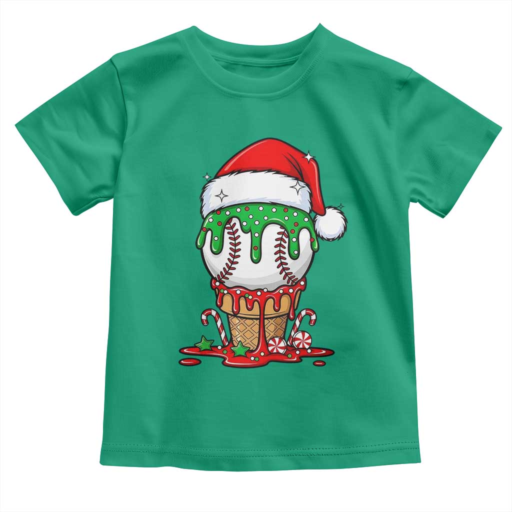 Cute Baseball Christmas Icecream Dripping Toddler T Shirt Holiday Ice Cream Cone with Santa Hat - Wonder Print Shop