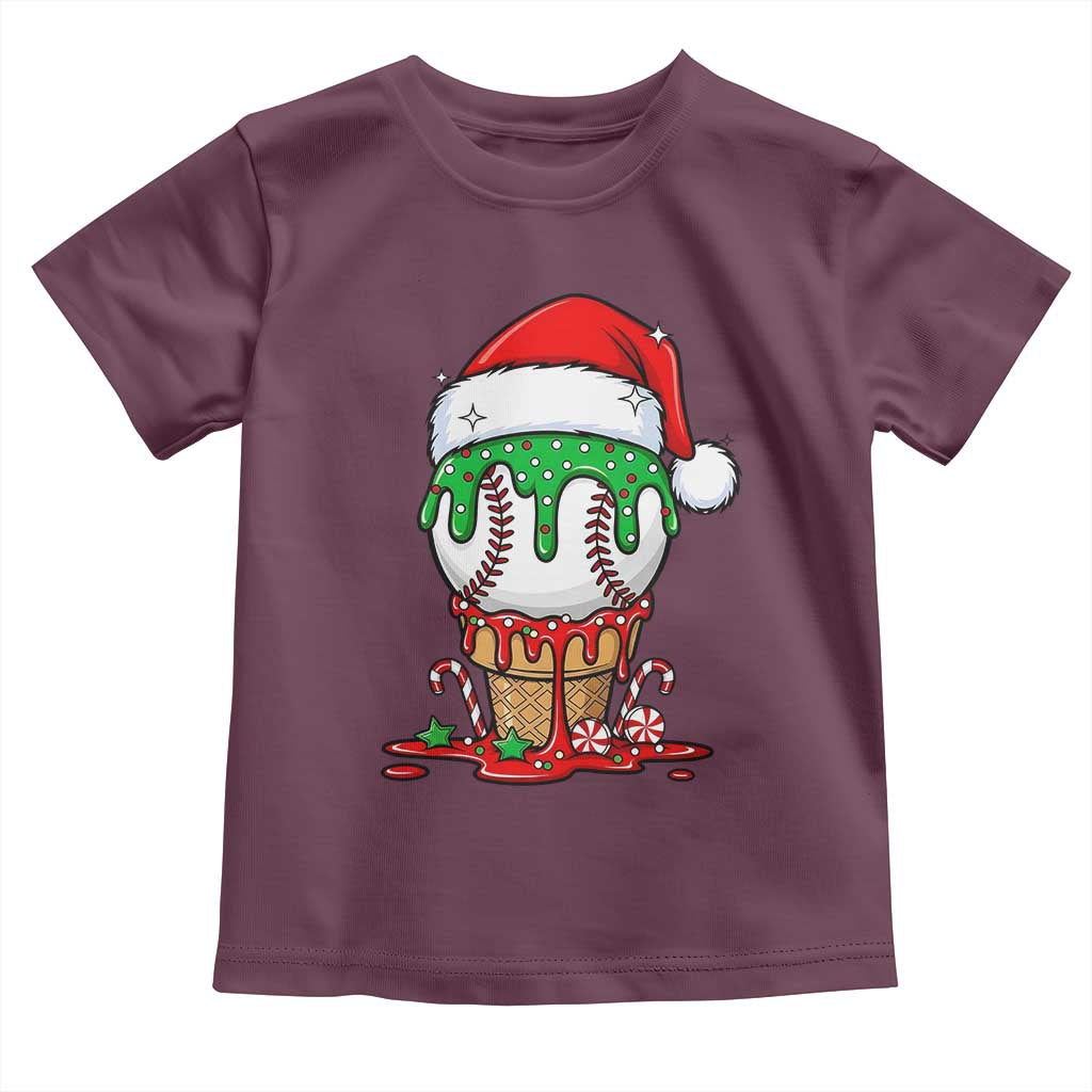 Cute Baseball Christmas Icecream Dripping Toddler T Shirt Holiday Ice Cream Cone with Santa Hat - Wonder Print Shop