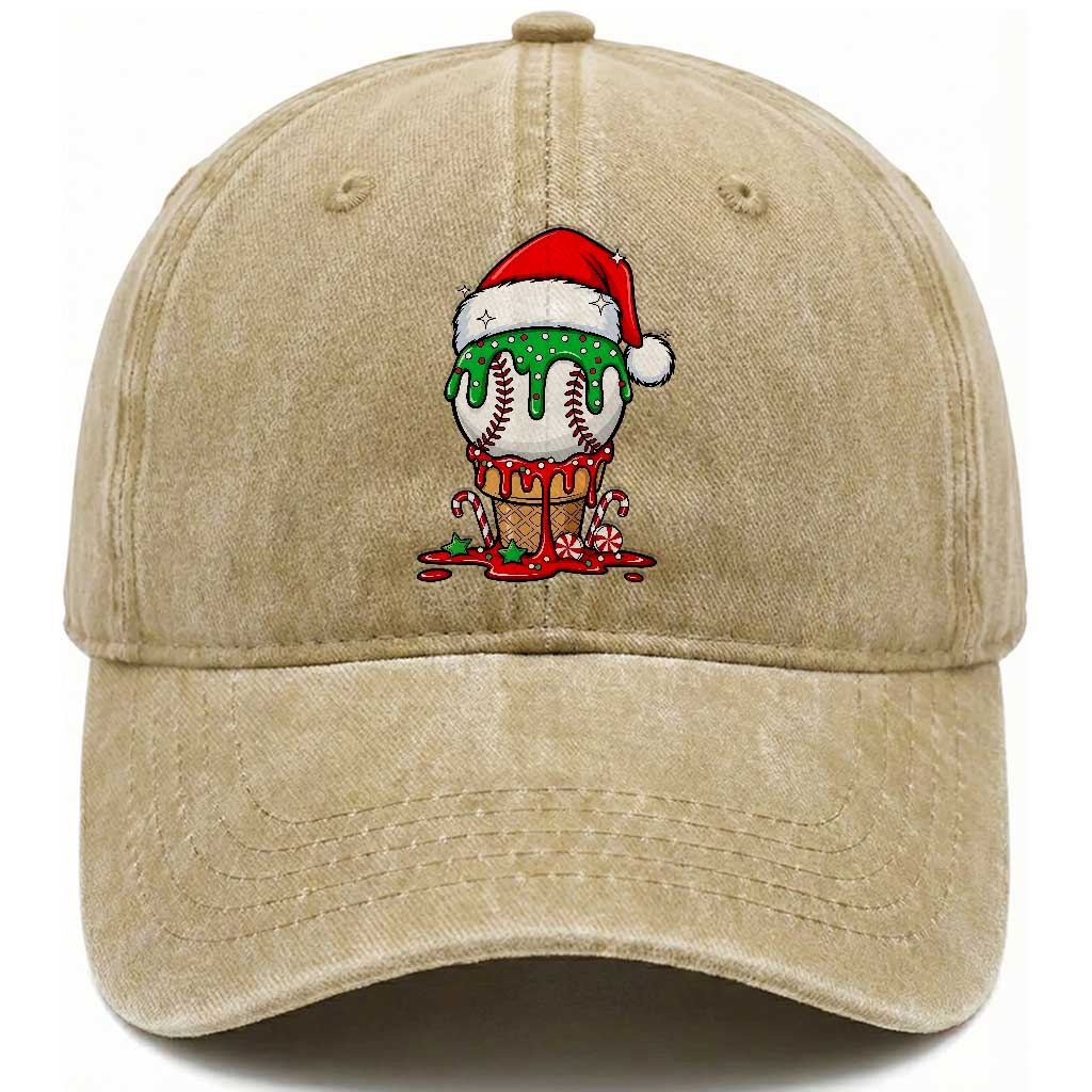Cute Baseball Christmas Icecream Dripping Washed Cotton Baseball Cap Holiday Ice Cream Cone with Santa Hat