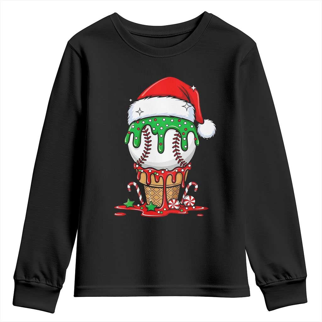 Cute Baseball Christmas Icecream Dripping Youth Sweatshirt Holiday Ice Cream Cone with Santa Hat - Wonder Print Shop