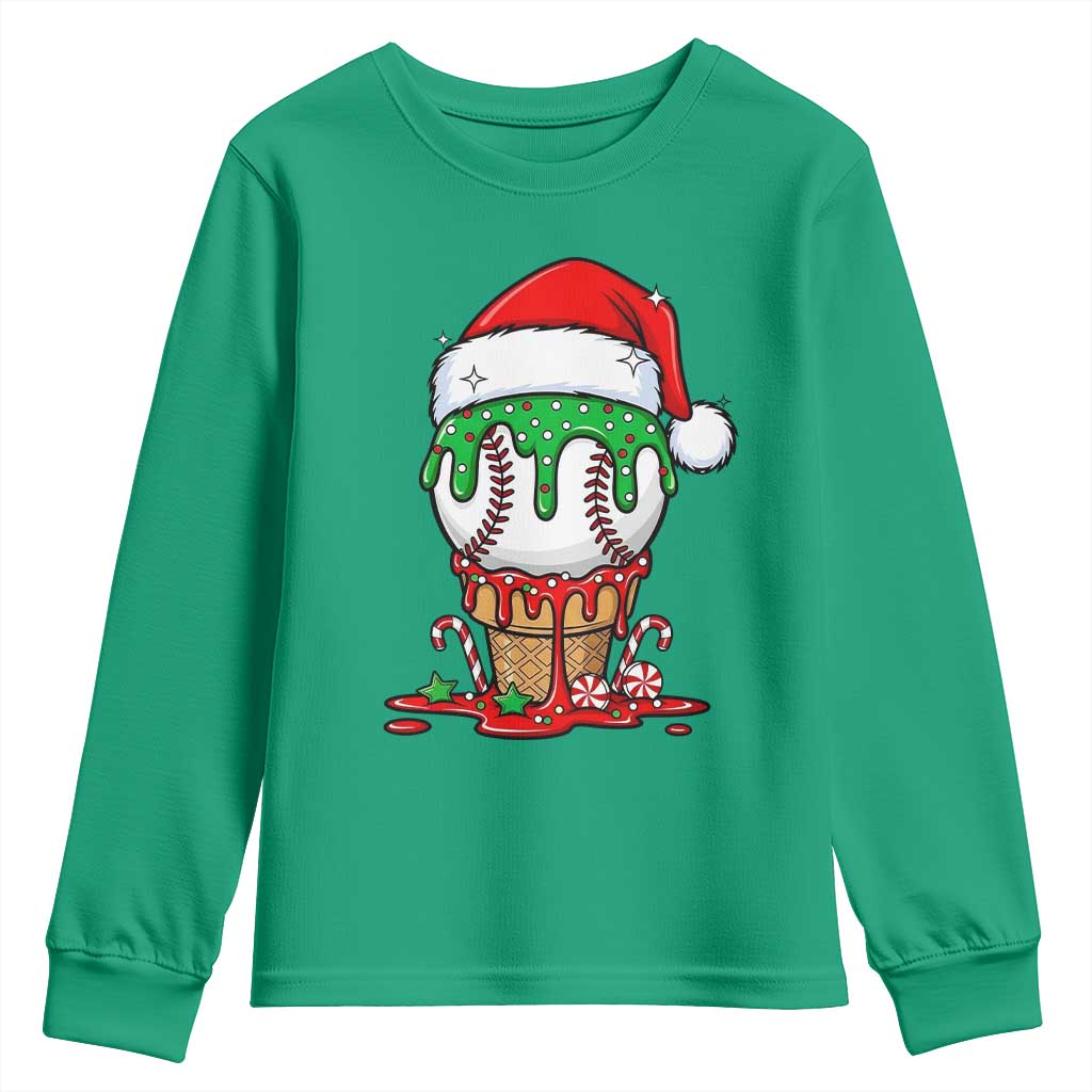 Cute Baseball Christmas Icecream Dripping Youth Sweatshirt Holiday Ice Cream Cone with Santa Hat - Wonder Print Shop