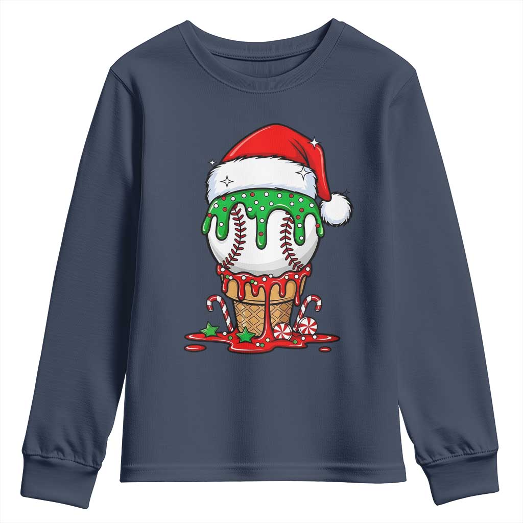 Cute Baseball Christmas Icecream Dripping Youth Sweatshirt Holiday Ice Cream Cone with Santa Hat - Wonder Print Shop