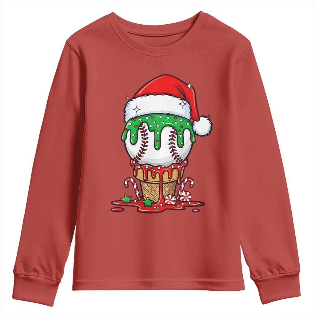 Cute Baseball Christmas Icecream Dripping Youth Sweatshirt Holiday Ice Cream Cone with Santa Hat - Wonder Print Shop