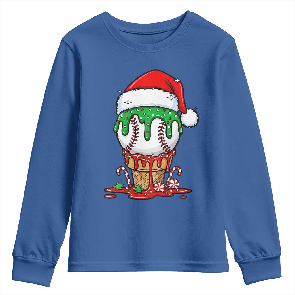 Cute Baseball Christmas Icecream Dripping Youth Sweatshirt Holiday Ice Cream Cone with Santa Hat - Wonder Print Shop