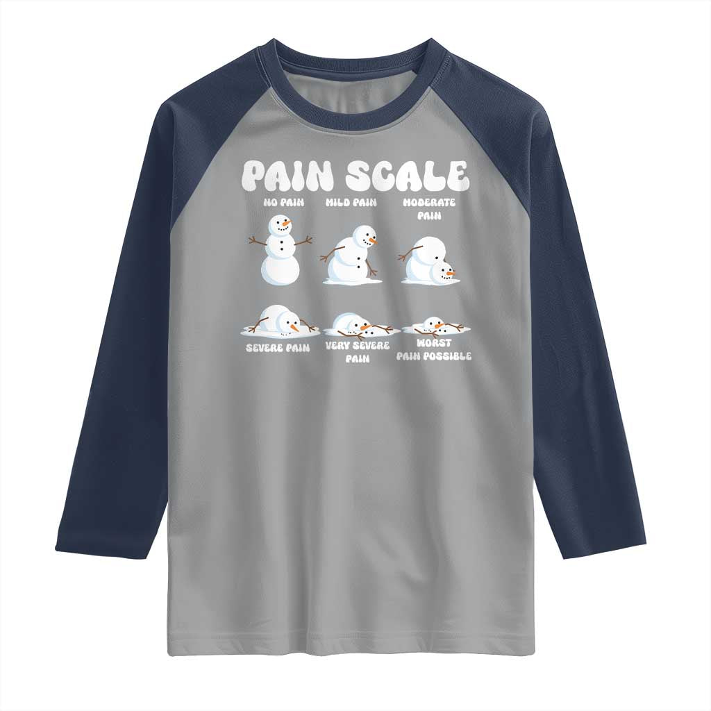 Funny Snowman Pain Scale Christmas Raglan Shirt Melting Snowman Holiday Humor - Wonder Print Shop