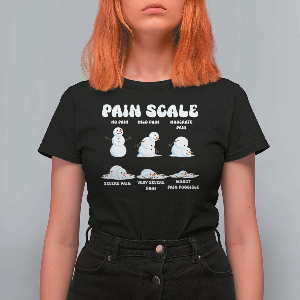 Funny Snowman Pain Scale Christmas T Shirt For Women Melting Snowman Holiday Humor - Wonder Print Shop