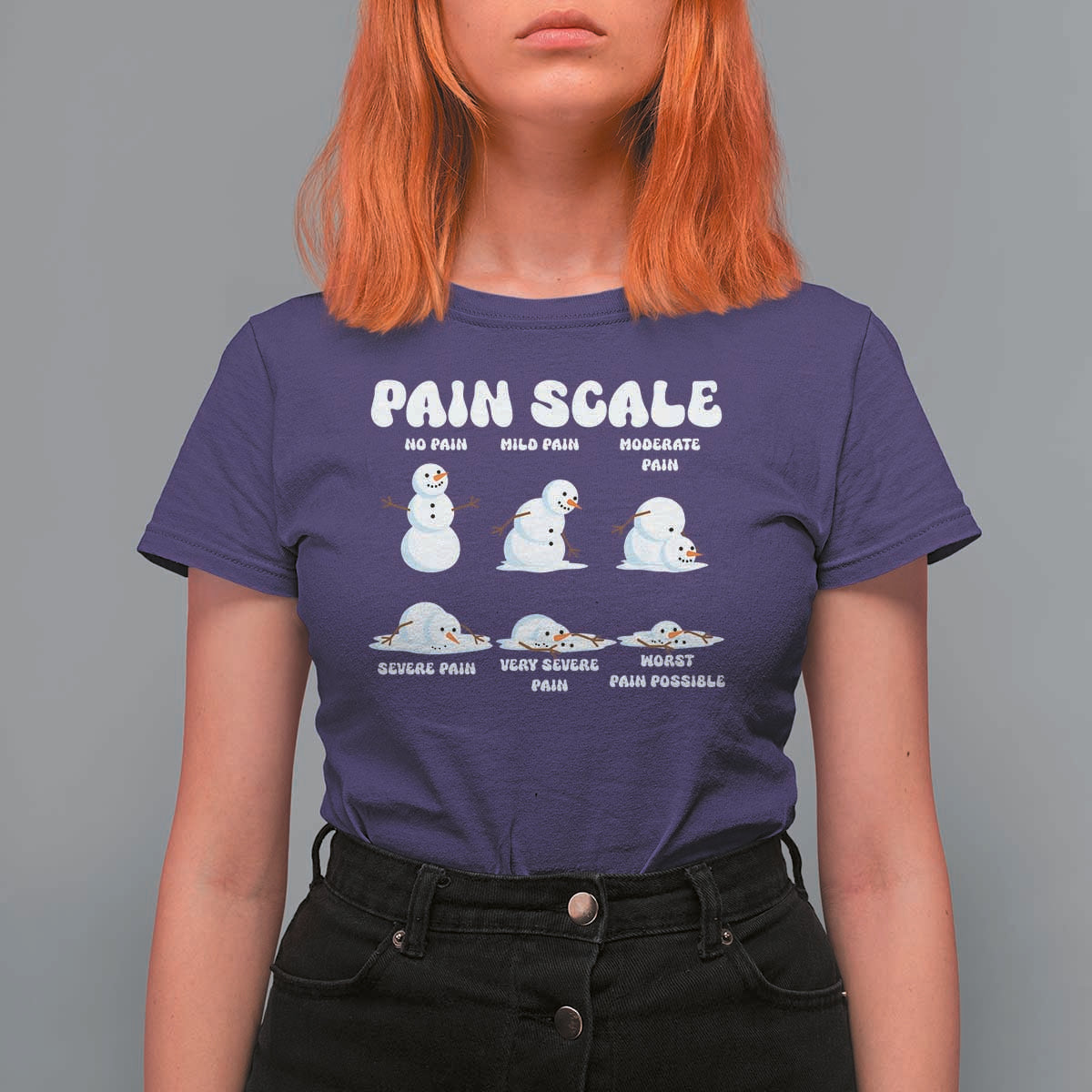 Funny Snowman Pain Scale Christmas T Shirt For Women Melting Snowman Holiday Humor - Wonder Print Shop