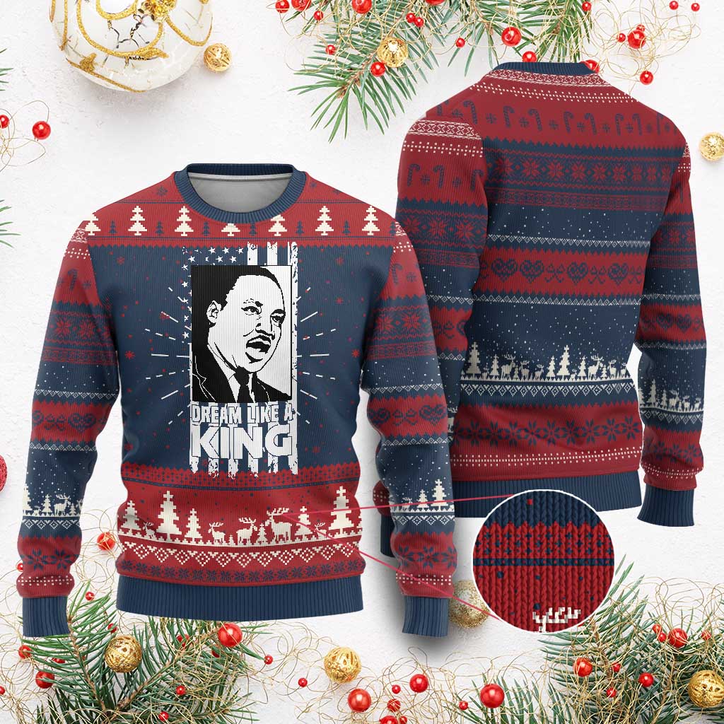 Martin Luther King MLK Ugly Christmas Sweater Dream Like A King Black History American Flag - Wonder Print Shop