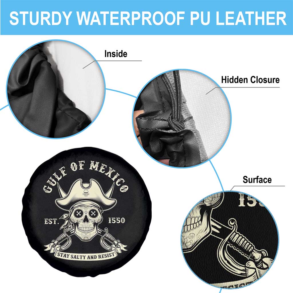 Gulf of Mexico Pirate Sugar Skull Spare Tire Cover Est 1550 Stay Salty And Resist