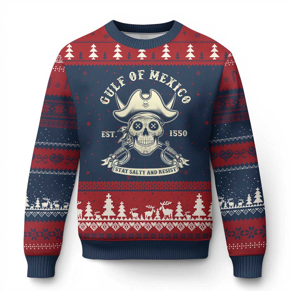 Gulf of Mexico Pirate Sugar Skull Ugly Christmas Sweater Est 1550 Stay Salty And Resist - Wonder Print Shop