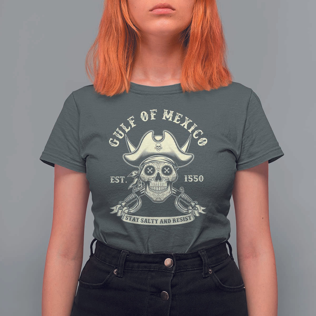 Gulf of Mexico Pirate Sugar Skull T Shirt For Women Est 1550 Stay Salty And Resist