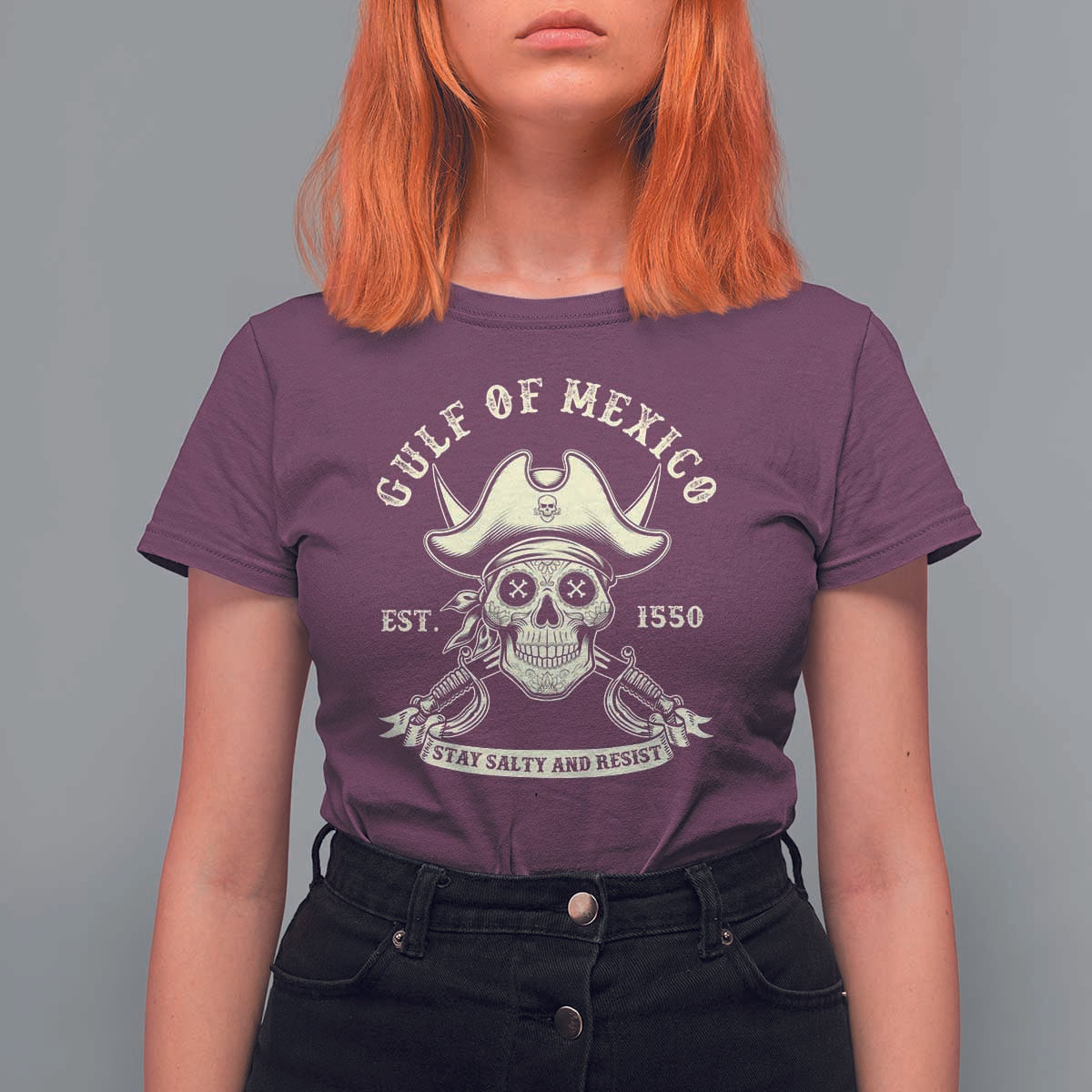 Gulf of Mexico Pirate Sugar Skull T Shirt For Women Est 1550 Stay Salty And Resist