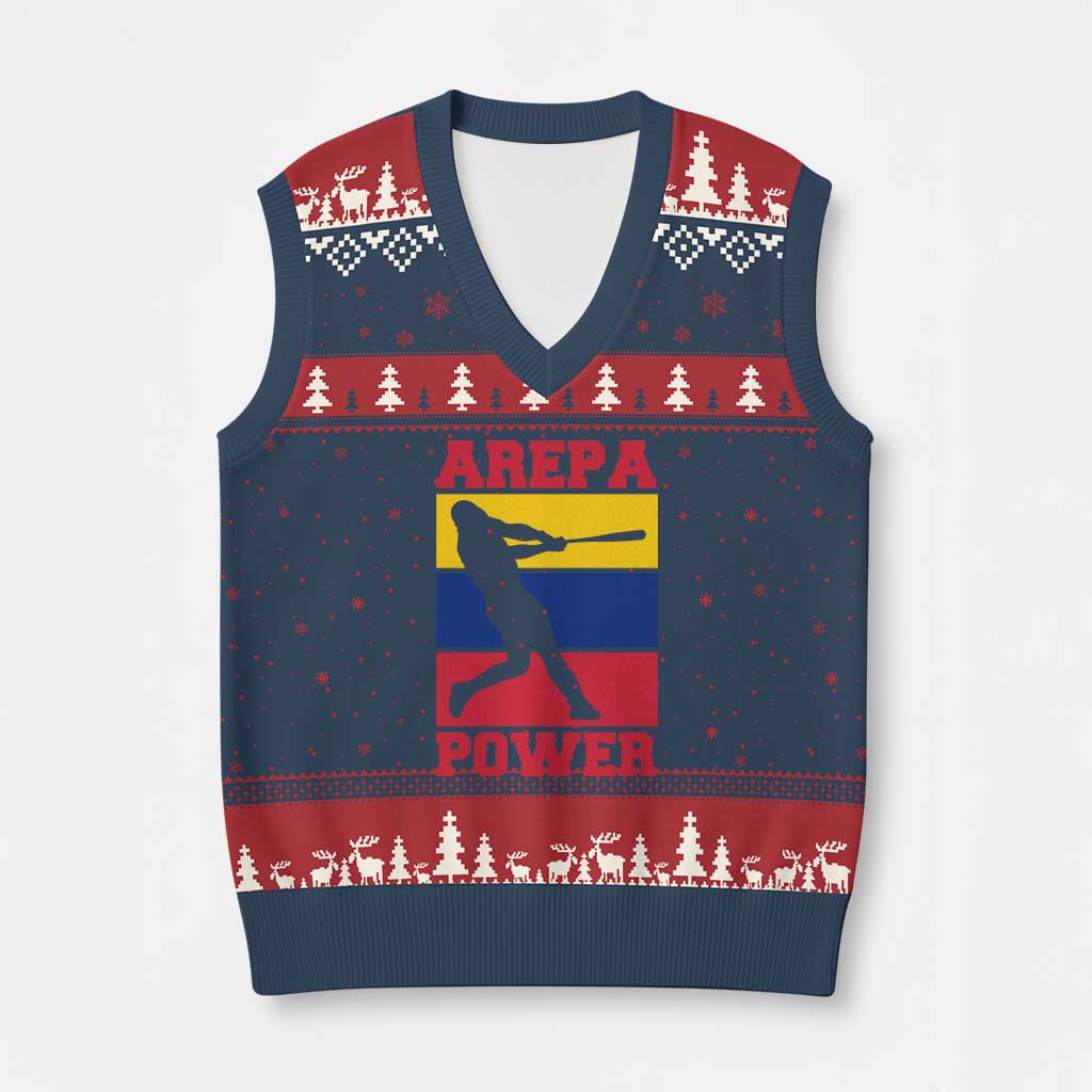 Arepa Power Venezuela Baseball Flag V-Neck Knit Sweater Vest Funny Venezuelan Pride Gift for Beisbol Lovers