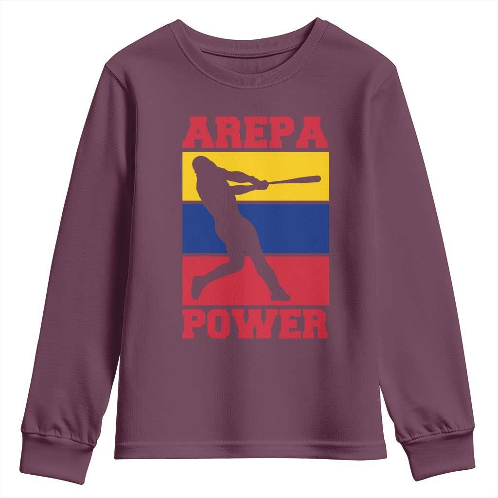 Arepa Power Venezuela Baseball Flag Youth Sweatshirt Funny Venezuelan Pride Gift for Beisbol Lovers