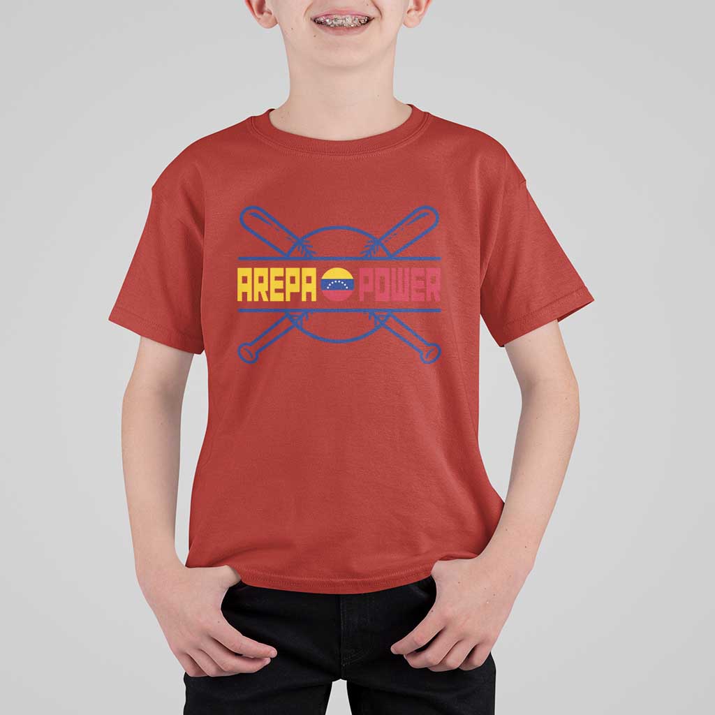 Arepa Power Baseball Crossed Bats T Shirt For Kid Funny Venezuelan Pride Gift for Latino Sports Fans