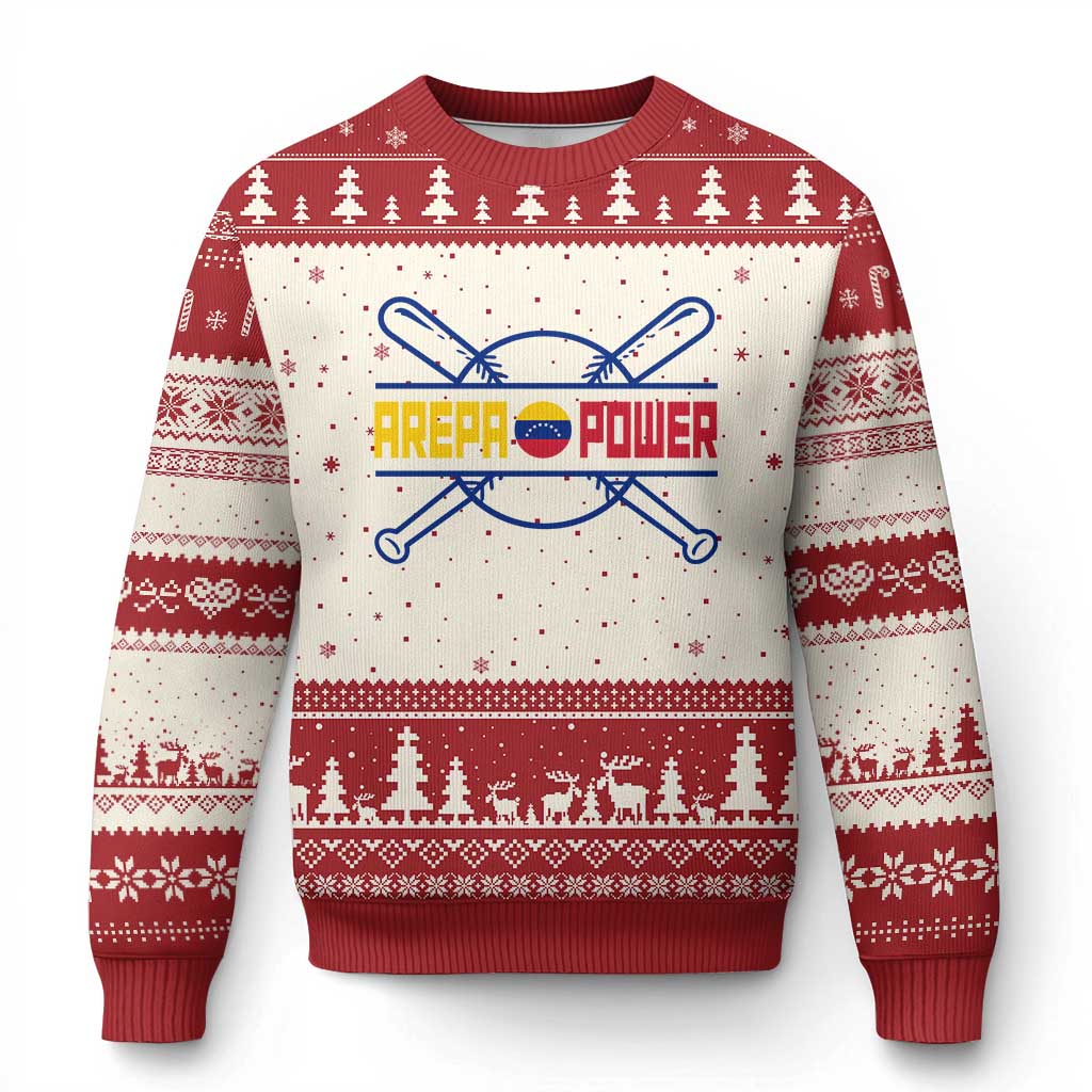 Arepa Power Baseball Crossed Bats Ugly Christmas Sweater Funny Venezuelan Pride Gift for Latino Sports Fans